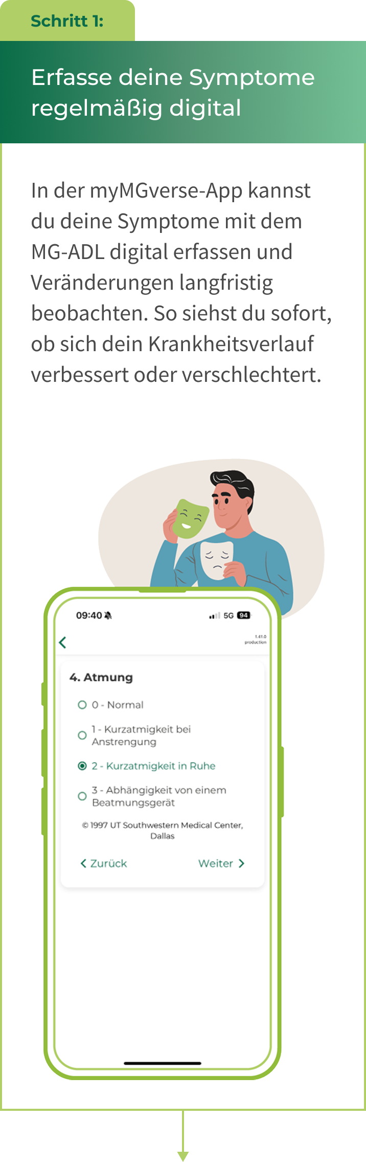 Screenshot der myMGverse App zur Symptomübersicht