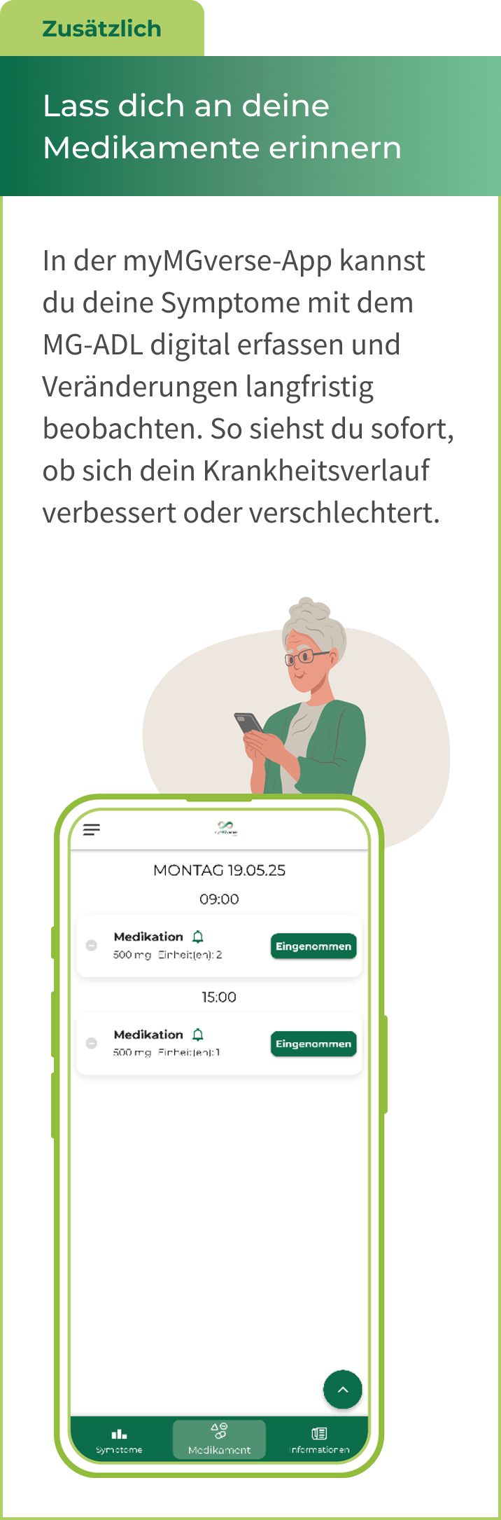 Screenshot der myMGverse App zur Symptomübersicht