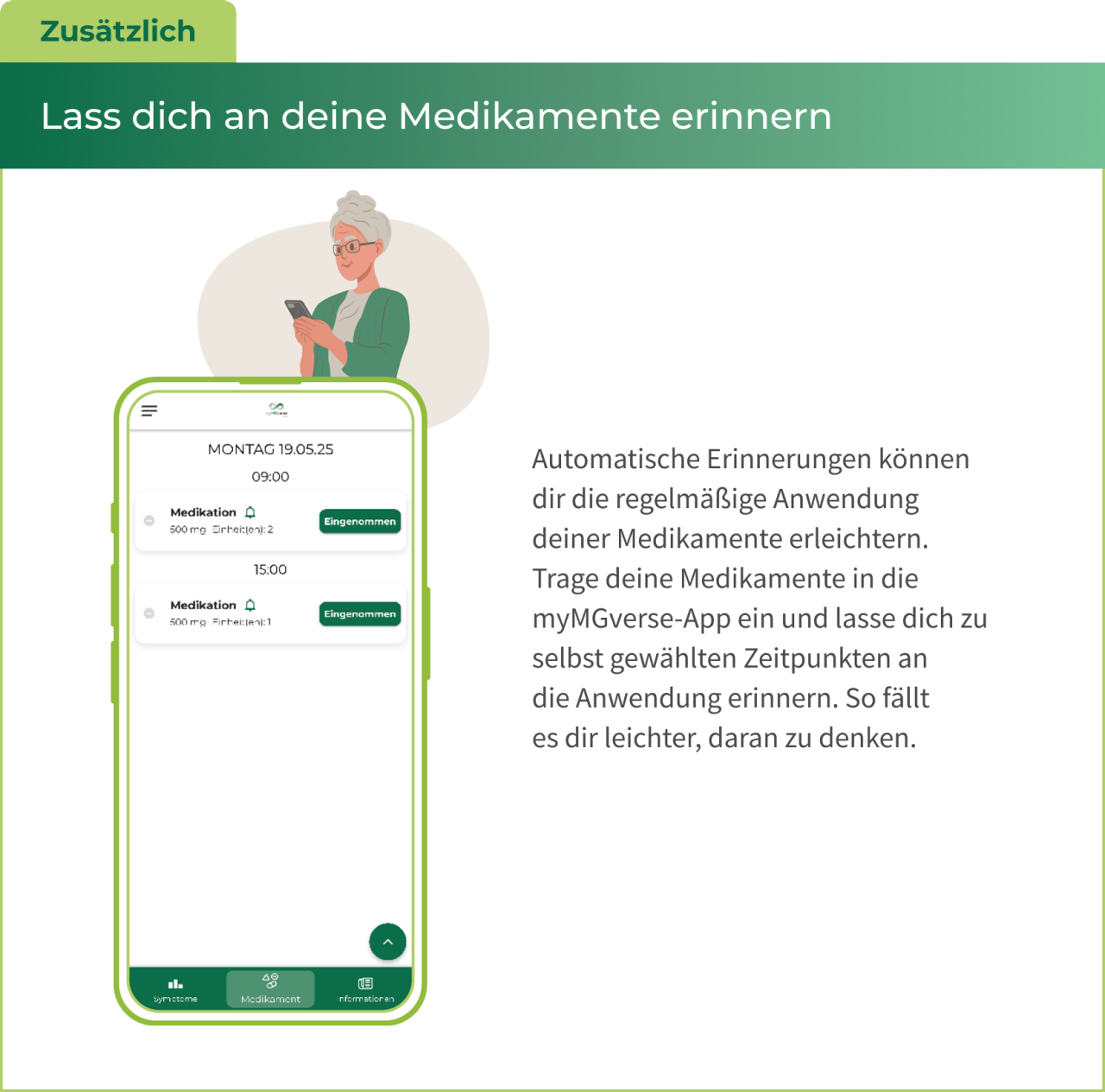 Screenshot der myMGverse App zur Symptomübersicht